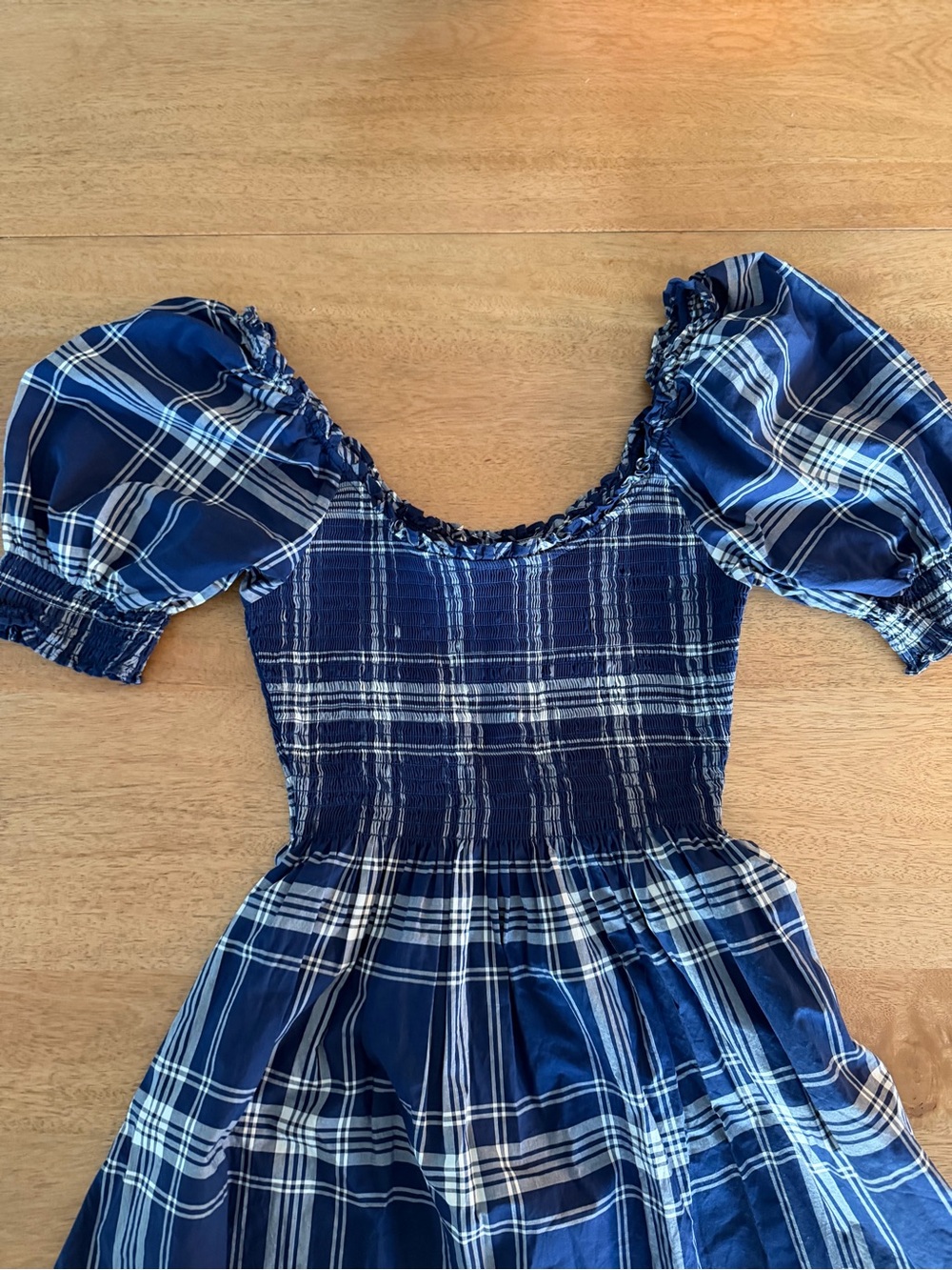 Blue Plaid Smocked Puff Sleeve Nap Dress Cottagecore Picnic Dress Size S - Picture 2 of 9